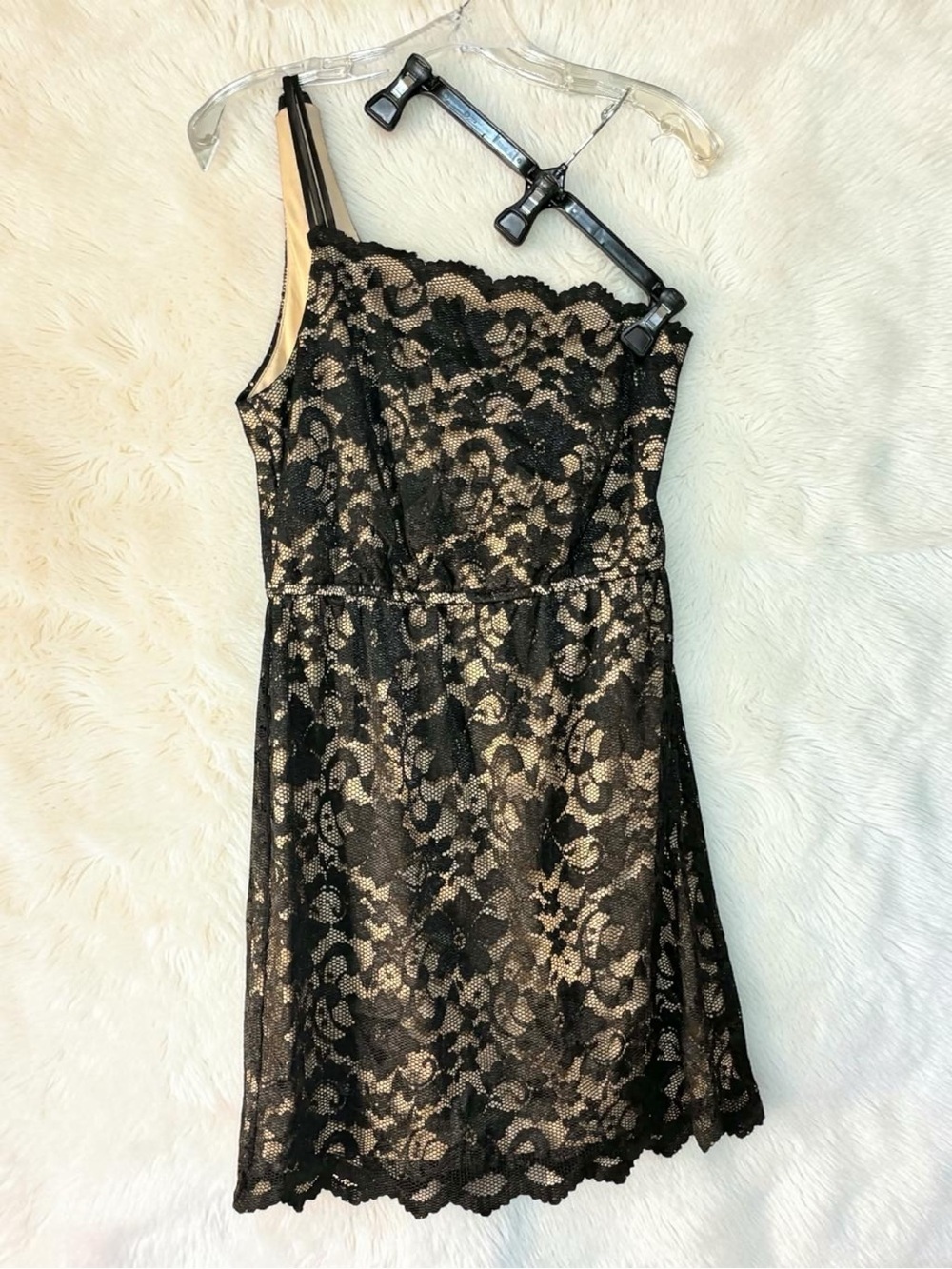 Teeze Me Black Lace One-Shoulder Cocktail Dress with Nude Lining Size Large